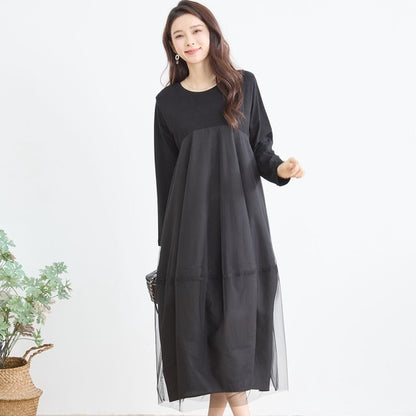 チュールドッキング ワンピース ロング丈 長袖 クルーネック ゆったり 体型カバー きれいめ 春 夏