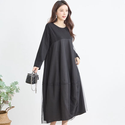 チュールドッキング ワンピース ロング丈 長袖 クルーネック ゆったり 体型カバー きれいめ 春 夏