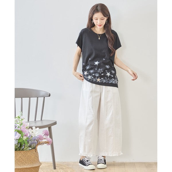 星柄 ハート 刺繍 Tシャツ 半袖 綿混 ストレッチ 涼しい 楽ちん トップス M-L