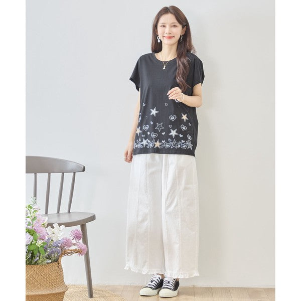 星柄 ハート 刺繍 Tシャツ 半袖 綿混 ストレッチ 涼しい 楽ちん トップス M-L