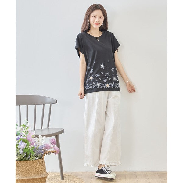 星柄 ハート 刺繍 Tシャツ 半袖 綿混 ストレッチ 涼しい 楽ちん トップス M-L