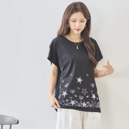 星柄 ハート 刺繍 Tシャツ 半袖 綿混 ストレッチ 涼しい 楽ちん トップス M-L