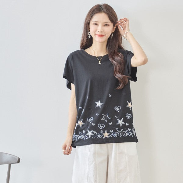 星柄 ハート 刺繍 Tシャツ 半袖 綿混 ストレッチ 涼しい 楽ちん トップス M-L