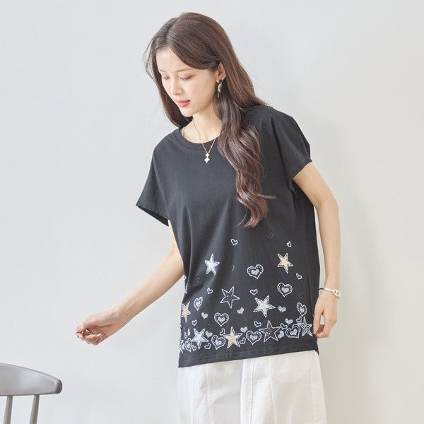 星柄 ハート 刺繍 Tシャツ 半袖 綿混 ストレッチ 涼しい 楽ちん トップス M-L
