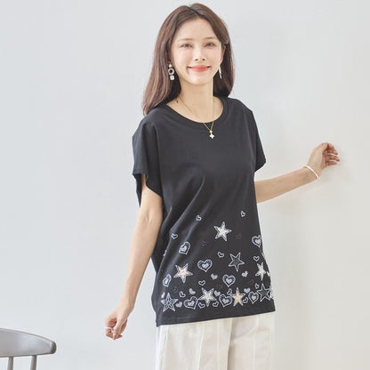 星柄 ハート 刺繍 Tシャツ 半袖 綿混 ストレッチ 涼しい 楽ちん トップス M-L
