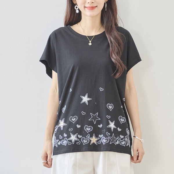 星柄 ハート 刺繍 Tシャツ 半袖 綿混 ストレッチ 涼しい 楽ちん トップス M-L