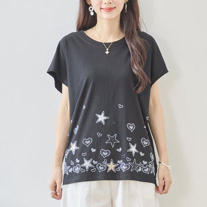 星柄 ハート 刺繍 Tシャツ 半袖 綿混 ストレッチ 涼しい 楽ちん トップス M-L