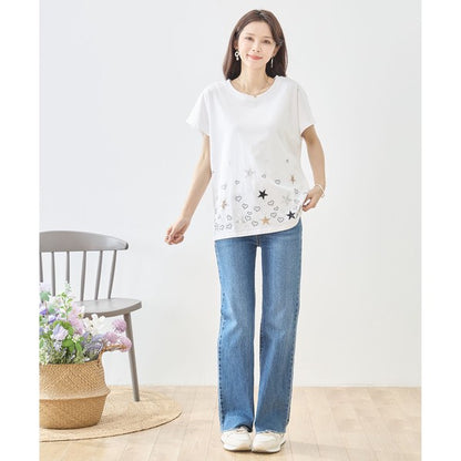 星柄 ハート 刺繍 Tシャツ 半袖 綿混 ストレッチ 涼しい 楽ちん トップス M-L