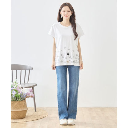 星柄 ハート 刺繍 Tシャツ 半袖 綿混 ストレッチ 涼しい 楽ちん トップス M-L