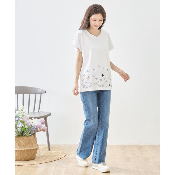 星柄 ハート 刺繍 Tシャツ 半袖 綿混 ストレッチ 涼しい 楽ちん トップス M-L