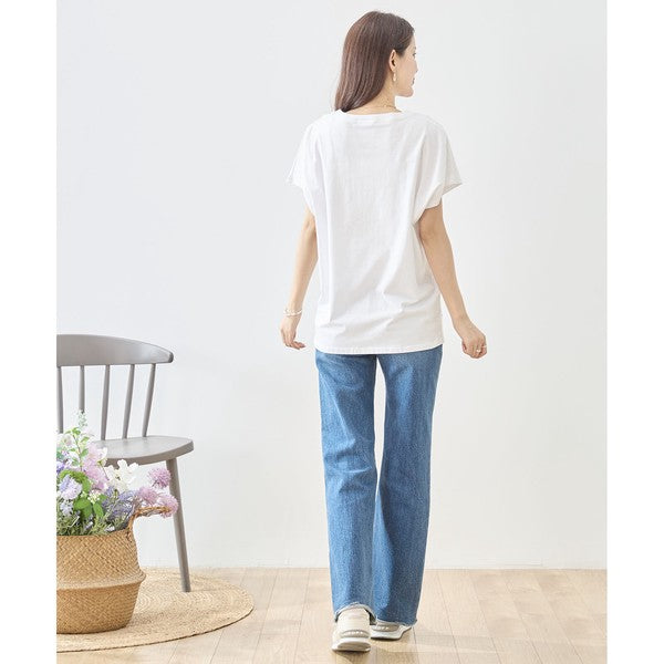 星柄 ハート 刺繍 Tシャツ 半袖 綿混 ストレッチ 涼しい 楽ちん トップス M-L