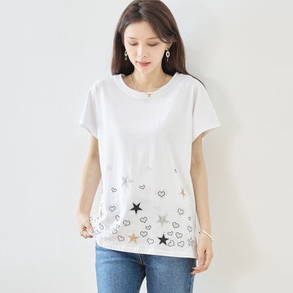 星柄 ハート 刺繍 Tシャツ 半袖 綿混 ストレッチ 涼しい 楽ちん トップス M-L