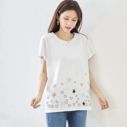 星柄 ハート 刺繍 Tシャツ 半袖 綿混 ストレッチ 涼しい 楽ちん トップス M-L