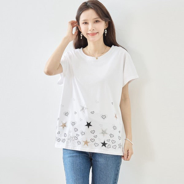 星柄 ハート 刺繍 Tシャツ 半袖 綿混 ストレッチ 涼しい 楽ちん トップス M-L