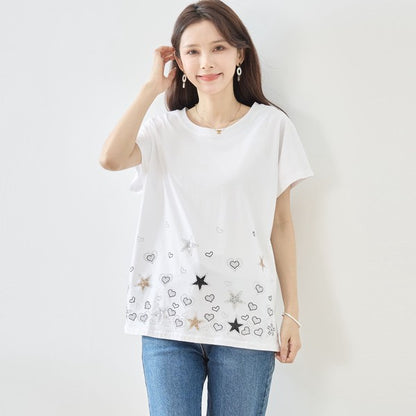星柄 ハート 刺繍 Tシャツ 半袖 綿混 ストレッチ 涼しい 楽ちん トップス M-L