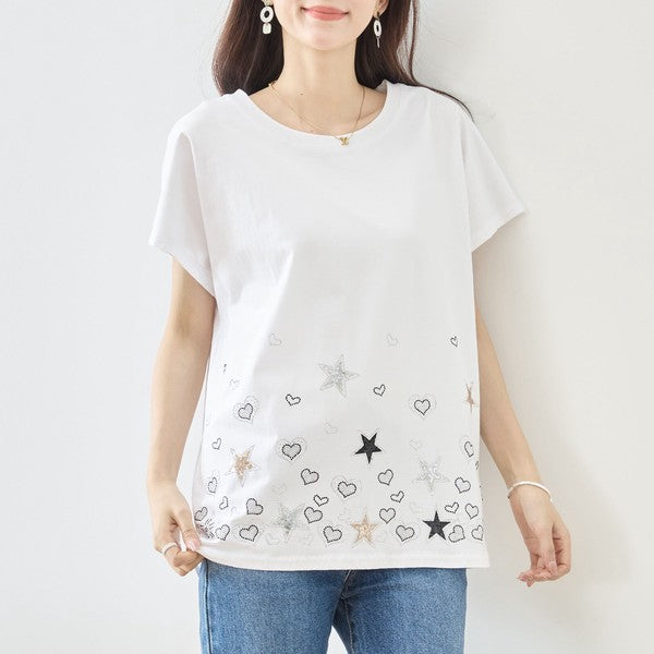 星柄 ハート 刺繍 Tシャツ 半袖 綿混 ストレッチ 涼しい 楽ちん トップス M-L