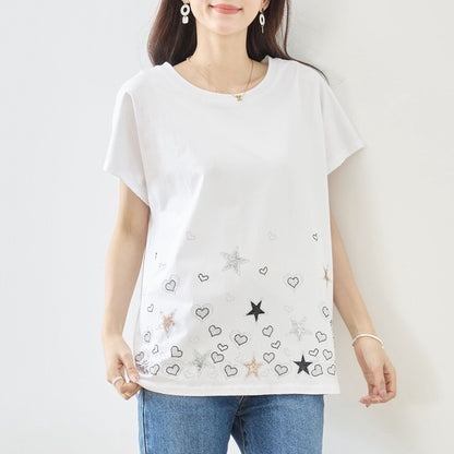 星柄 ハート 刺繍 Tシャツ 半袖 綿混 ストレッチ 涼しい 楽ちん トップス M-L