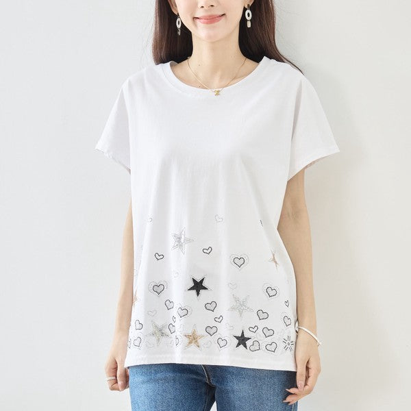 星柄 ハート 刺繍 Tシャツ 半袖 綿混 ストレッチ 涼しい 楽ちん トップス M-L