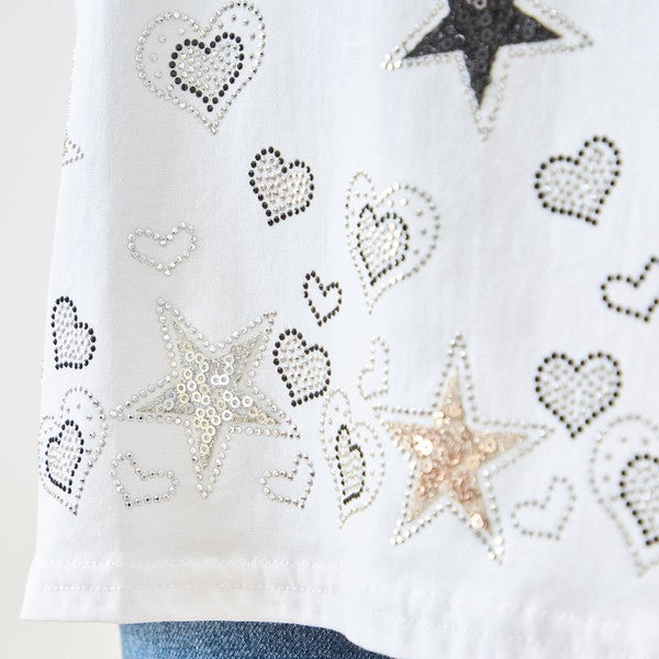 星柄 ハート 刺繍 Tシャツ 半袖 綿混 ストレッチ 涼しい 楽ちん トップス M-L