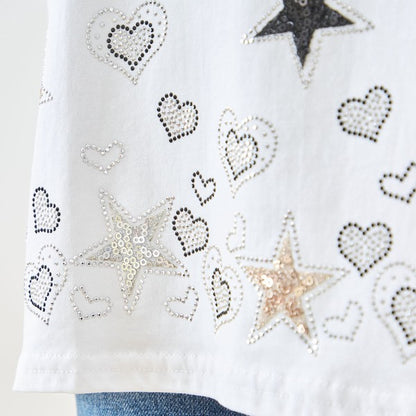 星柄 ハート 刺繍 Tシャツ 半袖 綿混 ストレッチ 涼しい 楽ちん トップス M-L