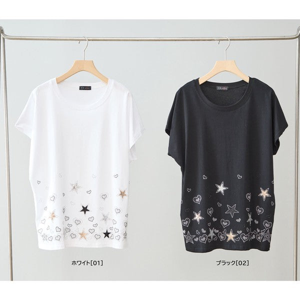 星柄 ハート 刺繍 Tシャツ 半袖 綿混 ストレッチ 涼しい 楽ちん トップス M-L