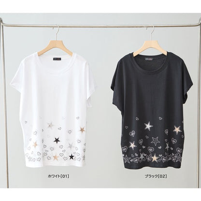 星柄 ハート 刺繍 Tシャツ 半袖 綿混 ストレッチ 涼しい 楽ちん トップス M-L