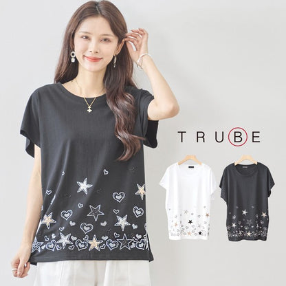 星柄 ハート 刺繍 Tシャツ 半袖 綿混 ストレッチ 涼しい 楽ちん トップス M-L
