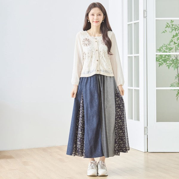 フラワー刺繍 レースカーディガン 長袖 シフォン袖 透かし編み フラワー刺繍 レースカーディガン 長袖 シフォン袖 透かし編み