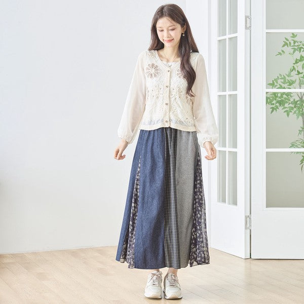 フラワー刺繍 レースカーディガン 長袖 シフォン袖 透かし編み ショート丈 羽織り 春夏