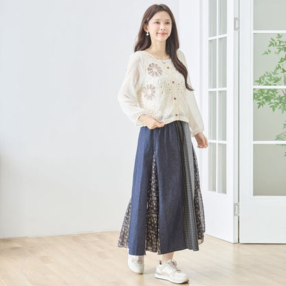 フラワー刺繍 レースカーディガン 長袖 シフォン袖 透かし編み ショート丈 羽織り 春夏