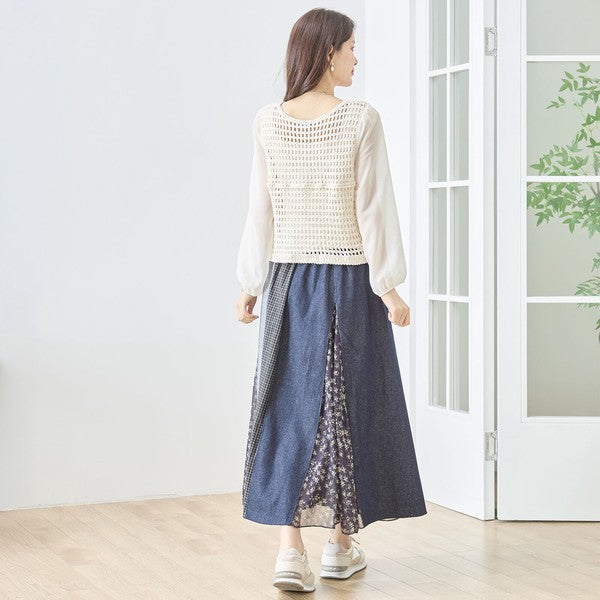 フラワー刺繍 レースカーディガン 長袖 シフォン袖 透かし編み ショート丈 羽織り 春夏