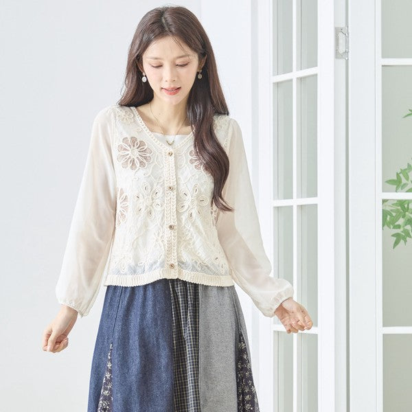 フラワー刺繍 レースカーディガン 長袖 シフォン袖 透かし編み ショート丈 羽織り 春夏