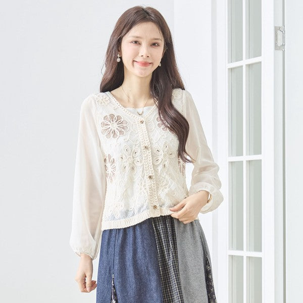 フラワー刺繍 レースカーディガン 長袖 シフォン袖 透かし編み ショート丈 羽織り 春夏