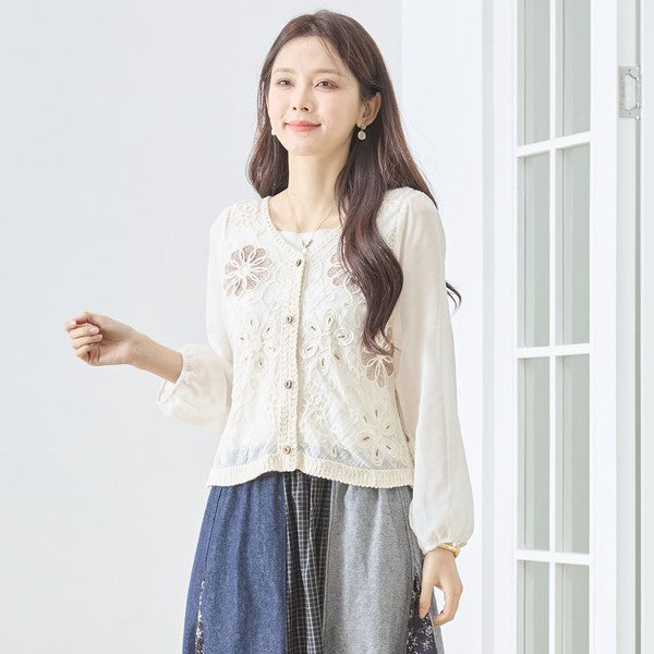 フラワー刺繍 レースカーディガン 長袖 シフォン袖 透かし編み ショート丈 羽織り 春夏