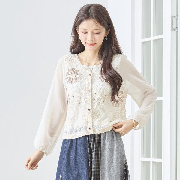 フラワー刺繍 レースカーディガン 長袖 シフォン袖 透かし編み ショート丈 羽織り 春夏