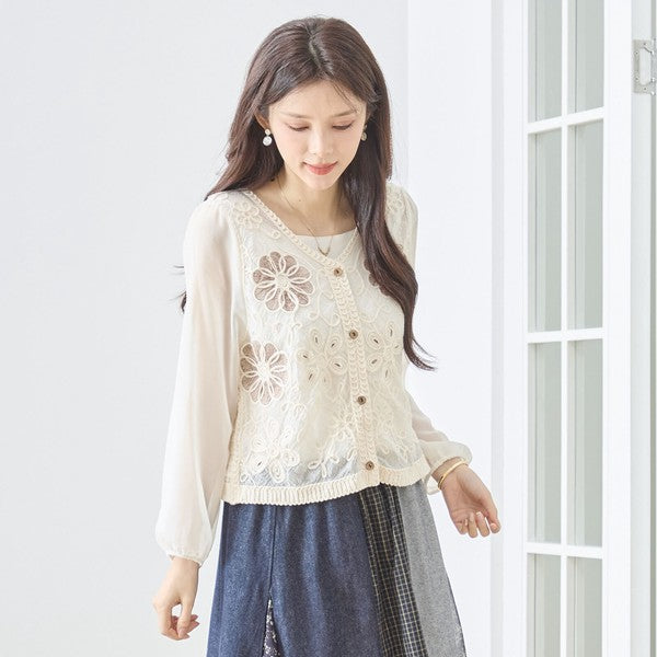 フラワー刺繍 レースカーディガン 長袖 シフォン袖 透かし編み ショート丈 羽織り 春夏