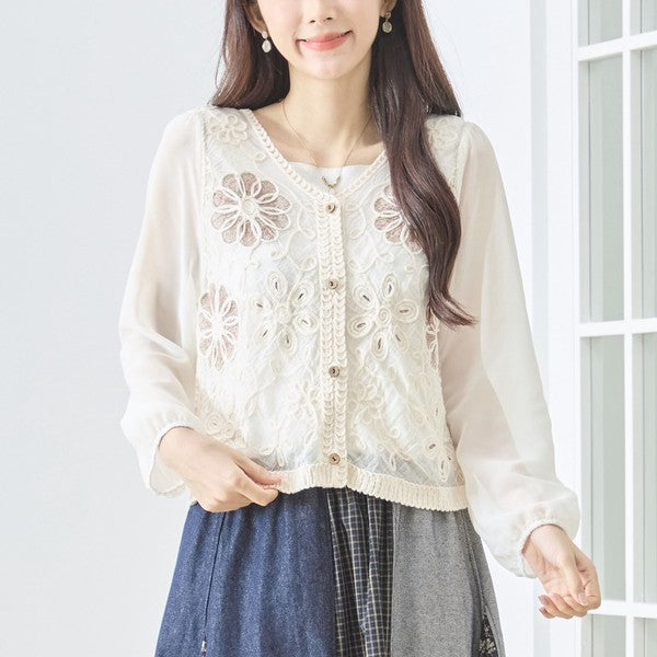 フラワー刺繍 レースカーディガン 長袖 シフォン袖 透かし編み ショート丈 羽織り 春夏