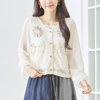 フラワー刺繍 レースカーディガン 長袖 シフォン袖 透かし編み ショート丈 羽織り 春夏