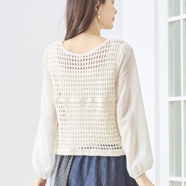 フラワー刺繍 レースカーディガン 長袖 シフォン袖 透かし編み ショート丈 羽織り 春夏