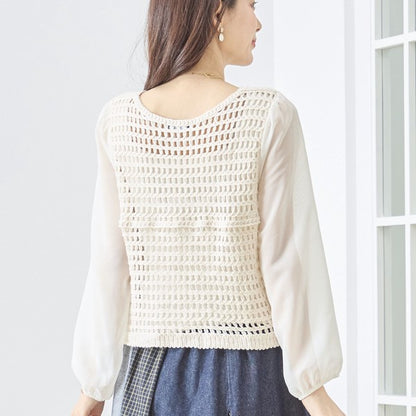 フラワー刺繍 レースカーディガン 長袖 シフォン袖 透かし編み ショート丈 羽織り 春夏