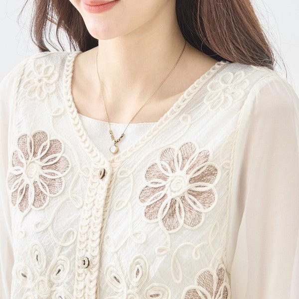 フラワー刺繍 レースカーディガン 長袖 シフォン袖 透かし編み ショート丈 羽織り 春夏