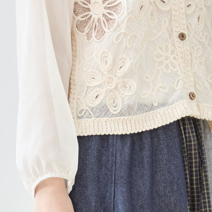 フラワー刺繍 レースカーディガン 長袖 シフォン袖 透かし編み ショート丈 羽織り 春夏