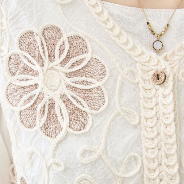 フラワー刺繍 レースカーディガン 長袖 シフォン袖 透かし編み ショート丈 羽織り 春夏