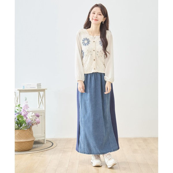 フラワー刺繍 レースカーディガン 長袖 シフォン袖 透かし編み ショート丈 羽織り 春夏