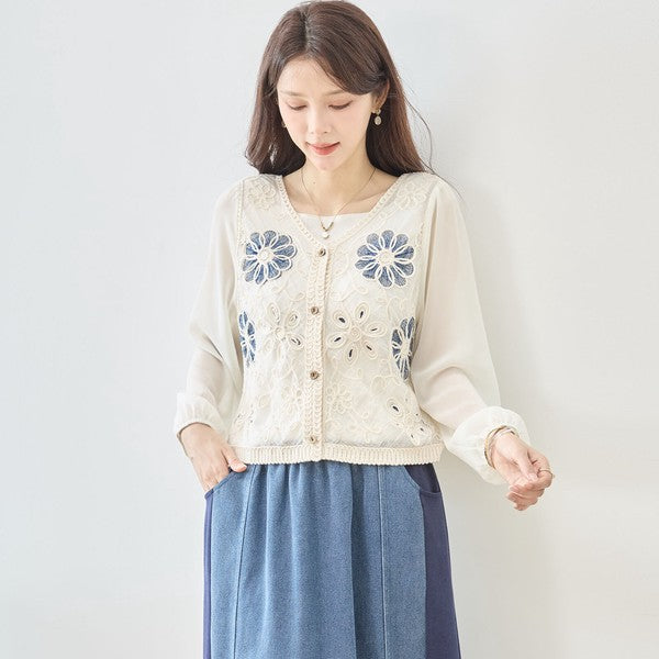 フラワー刺繍 レースカーディガン 長袖 シフォン袖 透かし編み
