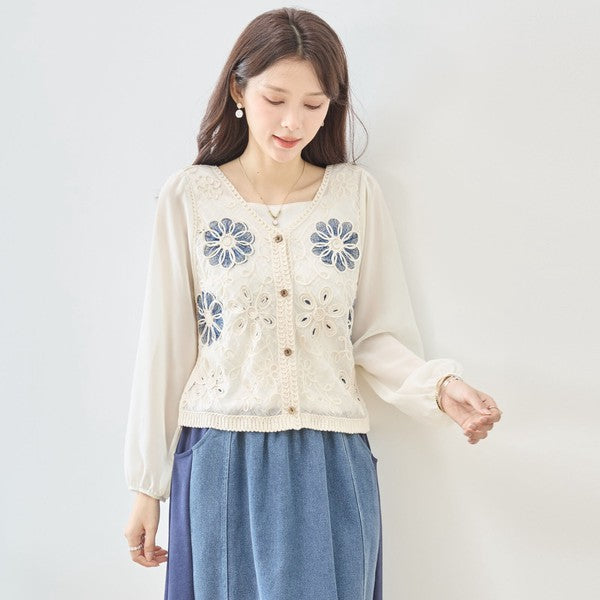 フラワー刺繍 レースカーディガン 長袖 シフォン袖 透かし編み