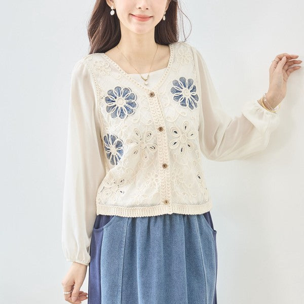 フラワー刺繍 レースカーディガン 長袖 シフォン袖 透かし編み ショート丈 羽織り 春夏