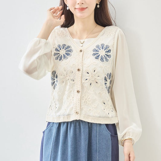フラワー刺繍 レースカーディガン 長袖 シフォン袖 透かし編み ショート丈 羽織り 春夏
