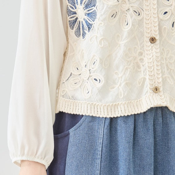 フラワー刺繍 レースカーディガン 長袖 シフォン袖 透かし編み ショート丈 羽織り 春夏