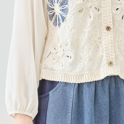 フラワー刺繍 レースカーディガン 長袖 シフォン袖 透かし編み ショート丈 羽織り 春夏